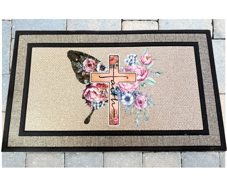 Butterfly and Cross Door Mat