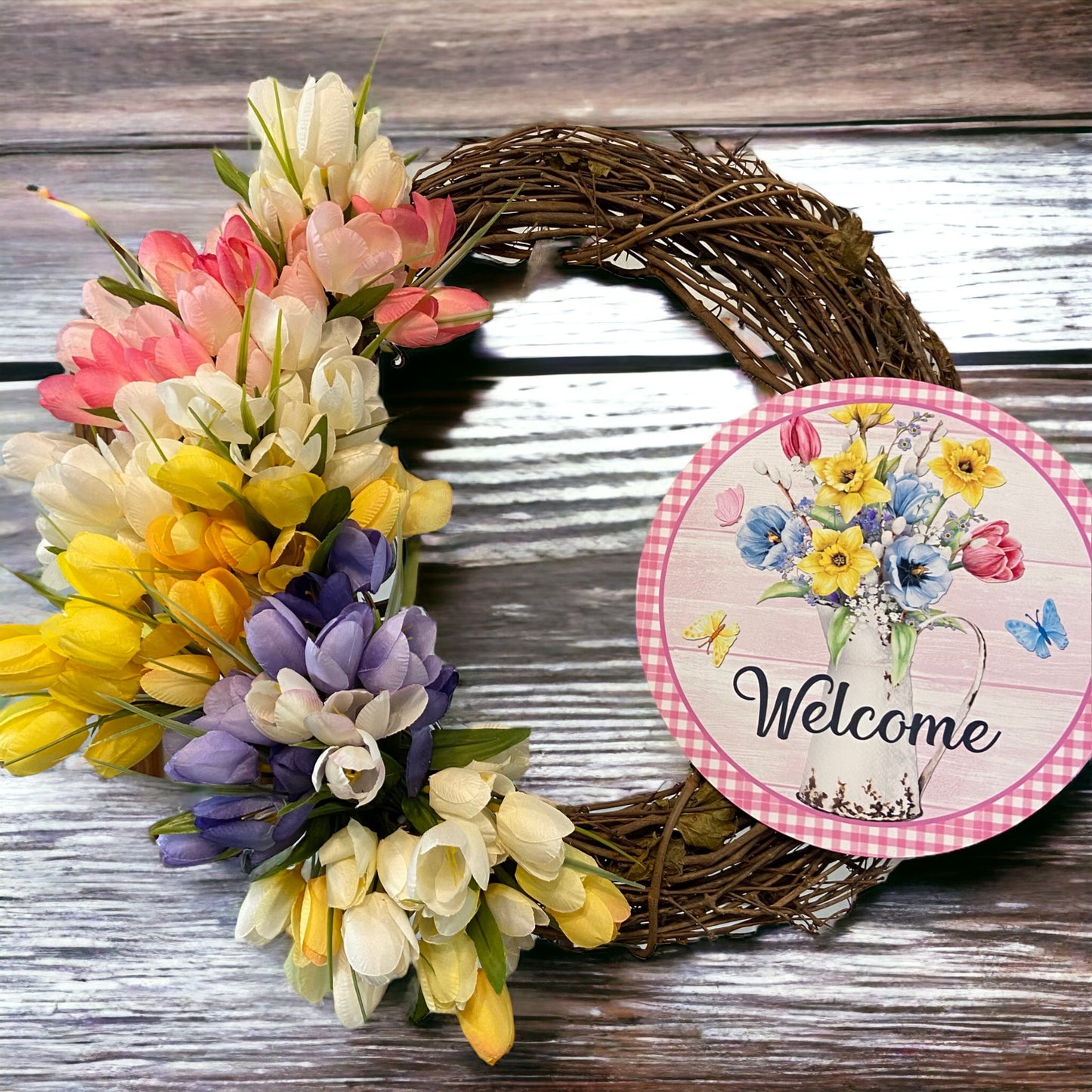 Welcome Tulip 18" Grapevine Wreath