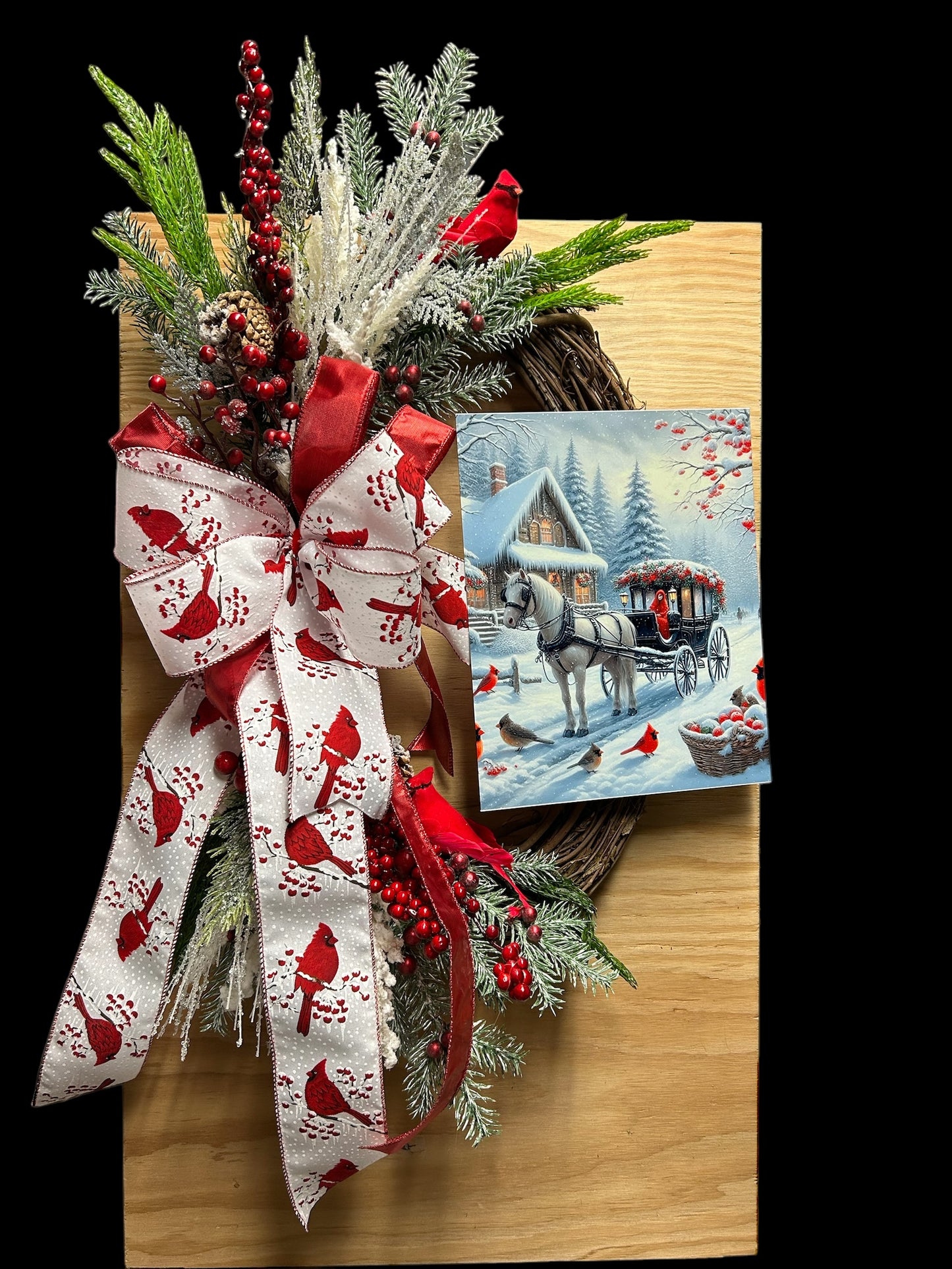 Winter Cardinal Grapevine Wreath with Custom Sign