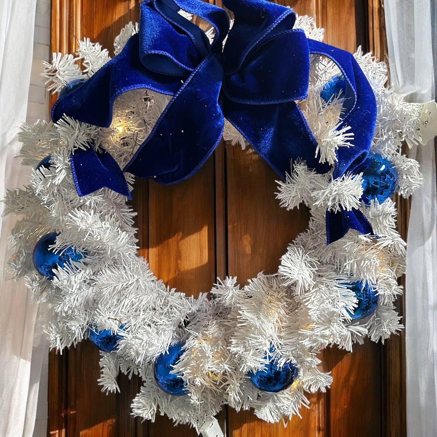 Lighted White Christmas Wreath with Blue Ornaments and Velvet Bow, Holiday Front Door Decor