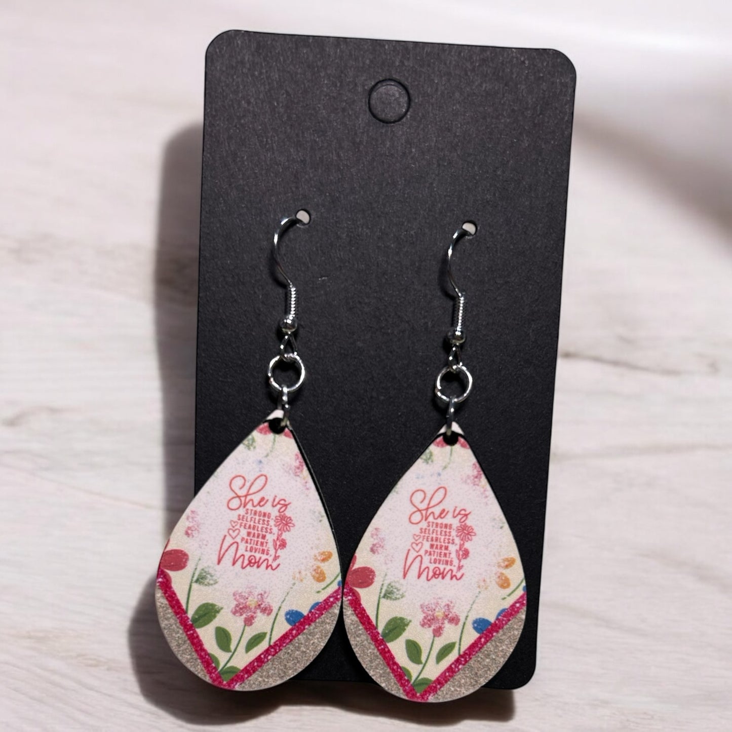 Floral Teardrop Earrings – “She Is Mom” Inspirational Mother’s Day Gift