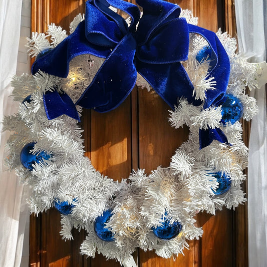 Lighted White Christmas Wreath with Blue Ornaments and Velvet Bow, Holiday Front Door Decor