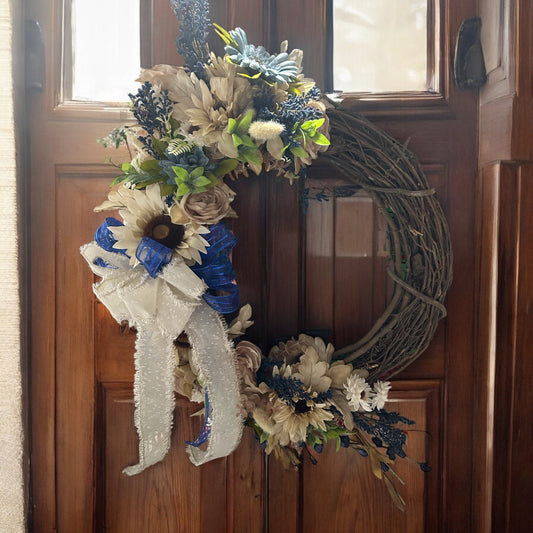 Rustic Grapevine Wreath with Cream and Blue Flowers, Farmhouse Door Decor, Everyday Year-Round Wreath