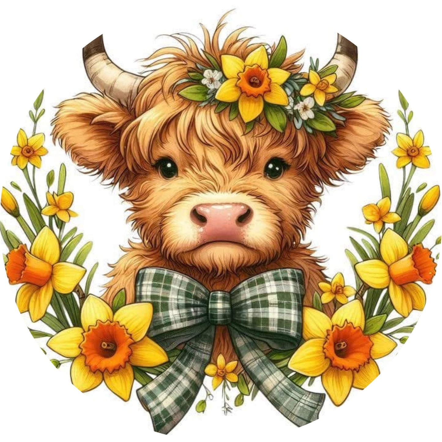 Highland Cow Spring Sign – 12" Round Metal Wreath Center